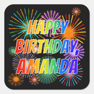 Sticker Carré Prénom "AMANDA", Amusant "HEUREUX ANNIVERSAIRE"