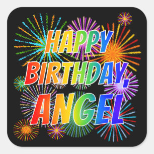 Sticker Carré Prénom "ANGEL", Amusant "HEUREUX ANNIVERSAIRE"