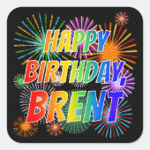 Sticker Carré Prénom "BRENT", Amusant "HEUREUX ANNIVERSAIRE" (Devant)