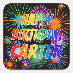 Sticker Carré Prénom "CARTER", Amusant "HEUREUX ANNIVERSAIRE"