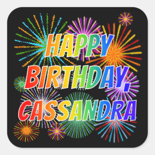 Sticker Carré Prénom "CASSANDRA", Amusant "HEUREUX ANNIVERSAIRE"