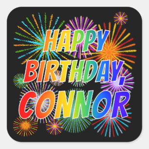 Sticker Carré Prénom "CONNOR", Fun "HEUREUX ANNIVERSAIRE"