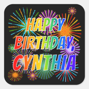 Sticker Carré Prénom "CYNTHIA", amusant "HEUREUX ANNIVERSAIRE"