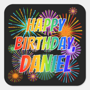 Sticker Carré Prénom "DANIEL", Fun "HEUREUX ANNIVERSAIRE"