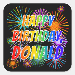 Sticker Carré Prénom "DONALD", Amusant "HEUREUX ANNIVERSAIRE"