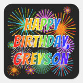 Sticker Carré Prénom "GREYSON", Amusant "HEUREUX ANNIVERSAIRE" (Devant)