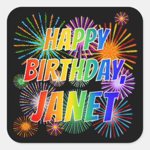 Sticker Carré Prénom "JANET", Amusant "HEUREUX ANNIVERSAIRE"