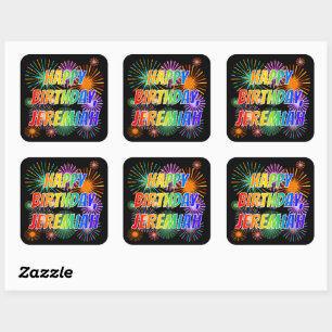 Sticker Carré Prénom "JEREMIAH", Amusant "HEUREUX ANNIVERSAIRE"