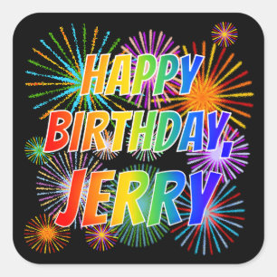 Sticker Carré Prénom "JERRY", Amusant "HEUREUX ANNIVERSAIRE"