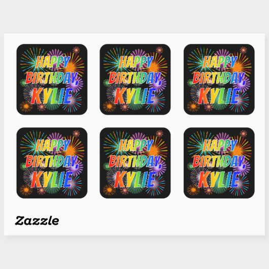 Sticker Carré Prénom "KYLIE", Amusant "HEUREUX ANNIVERSAIRE" (Feuille)