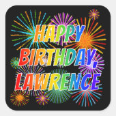 Sticker Carré Prénom "LAWRENCE", Amusant "HEUREUX ANNIVERSAIRE" (Devant)