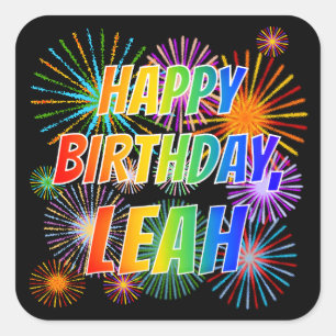 Sticker Carré Prénom "LEAH", Amusant "HEUREUX ANNIVERSAIRE"