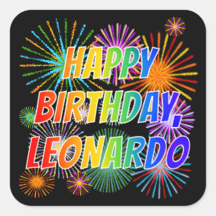 Sticker Carré Prénom "LEONARDO", Fun "HEUREUX ANNIVERSAIRE"