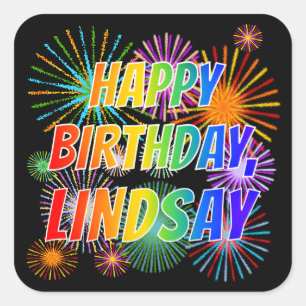 Sticker Carré Prénom "LINDSAY", amusant "HEUREUX ANNIVERSAIRE"