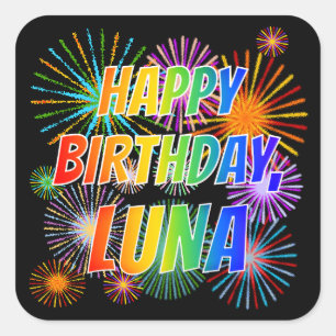 Sticker Carré Prénom "LUNA", Amusant "HEUREUX ANNIVERSAIRE"