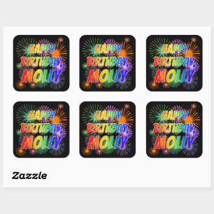 Sticker Carré Prénom "MOLLY", Amusant "HEUREUX ANNIVERSAIRE"