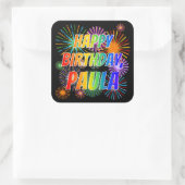 Sticker Carré Prénom "PAULA", Amusant "HEUREUX ANNIVERSAIRE" (Sac)