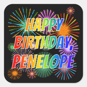 Sticker Carré Prénom "PENELOPE", Amusant "HEUREUX ANNIVERSAIRE"