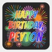 Sticker Carré Prénom "PEYTON", Amusant "HEUREUX ANNIVERSAIRE" (Devant)