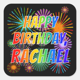 Sticker Carré Prénom "RACHAEL", Amusant "HEUREUX ANNIVERSAIRE"