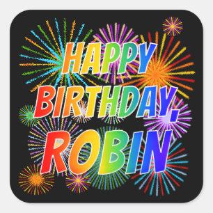 Sticker Carré Prénom "ROBIN", Fun "HEUREUX ANNIVERSAIRE"