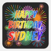 Sticker Carré Prénom "SYDNEY", Amusant "HEUREUX ANNIVERSAIRE" (Devant)