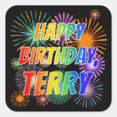 Sticker Carré Prénom "TERRY", Amusant "HEUREUX ANNIVERSAIRE" (Devant)