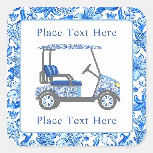 Sticker Carré Preppy Blue & White Flowers Golf Cart (Devant)