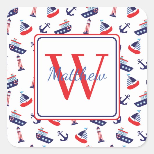 Sticker Carré Preppy Nautical Sailboats Monogram (Devant)