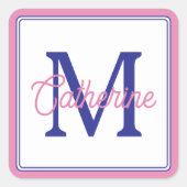 Sticker Carré Preppy Pink and Navy Blue Simple Monogram (Devant)
