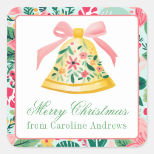 Sticker Carré Preppy Pink & Green Christmas Bell Cadeau