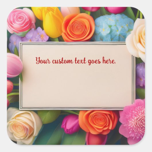 Sticker Carré Pretty Floral Framed Roses Tulips Hydrangea Custom (Devant)