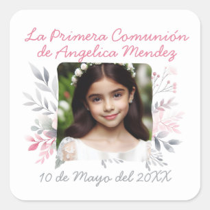 Sticker Carré Primera Comunión con Foto y Flores Espagnol