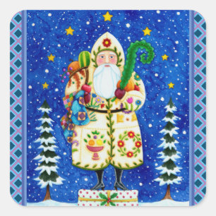 STICKER CARRÉ PRIMITIVE FOLKART BALTIMORE QUILT PÈRE NOËL