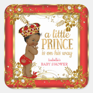 Sticker Carré Prince Baby shower Boy Red Gold White Ethnic