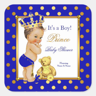 Sticker Carré Prince Baby shower Boy Royal Blue Gold Brunette