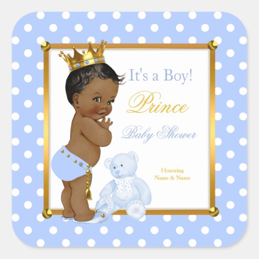 Sticker Carré Prince Bébé Shower Garçon Bleu Points Ethniques (Devant)