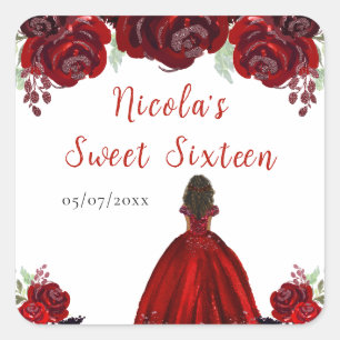 Sticker Carré Princesse à peau foncée Sweet sixteen Floral rouge