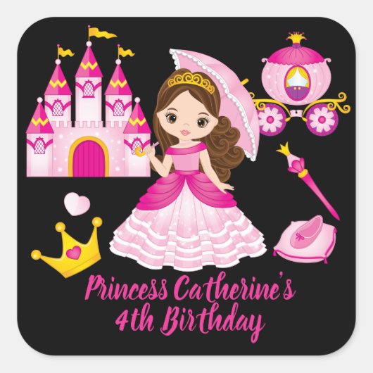 Sticker Carré Princesse Anniversaire Petites filles Nom personna (Devant)