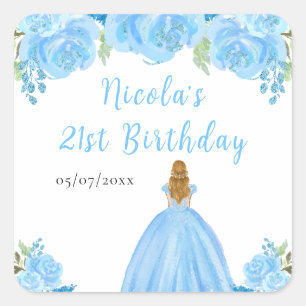 Sticker Carré Princesse aux Cheveux Blonds Fête d'Anniversaire F