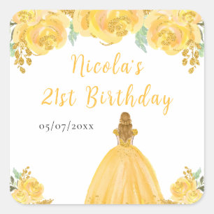 Sticker Carré Princesse aux Cheveux Blonds Fleurs Florales Dorée