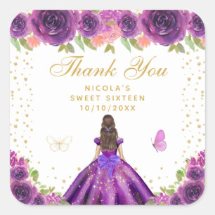 Sticker Carré Princesse aux Cheveux Bruns Fleur Violette Sweet S