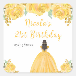 Sticker Carré Princesse aux Cheveux Bruns Fleurs Dorées Fête d'A