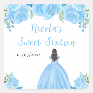Sticker Carré Princesse aux Cheveux Bruns Fleurs Florales Bleues