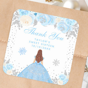 Sticker Carré Princesse aux Cheveux Bruns Hiver Bleu Douze Ans