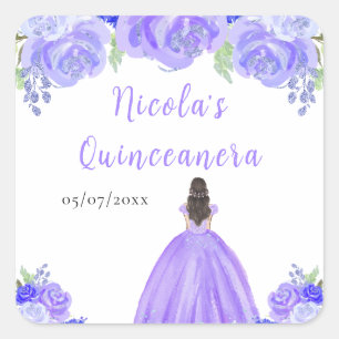 Sticker Carré Princesse aux Cheveux Bruns Quinceanera Floral Pou