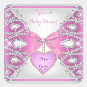 Sticker Carré Princesse Baby Shower Diamants Bébé Fille Rose