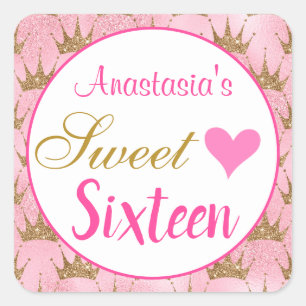 Sticker Carré Princesse Féminine Rose Or Paillettes Sweet Seize 