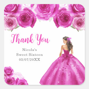 Sticker Carré Princesse florale en robe rose chaud pour Sweet Si