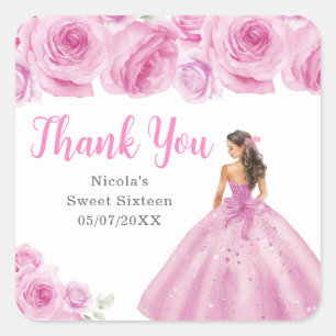 Sticker Carré Princesse florale en robe rose Sweet Sixteen